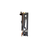 Foldable metal Pilates reformer with wooden frame, designed for performance and comfort in private workouts.
